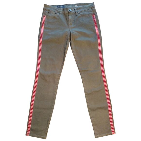 NWT J. Crew Toothpick Ankle Cropped Green Jeans with Red‎/White Trim, Size 26 - Picture 3 of 8